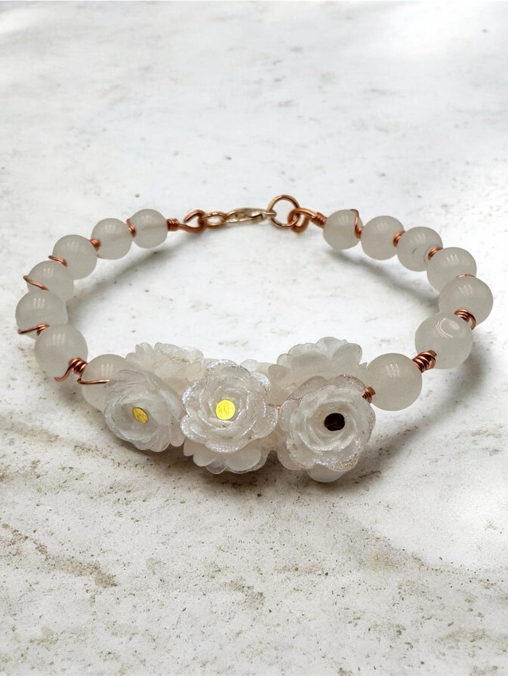 White Floral Beaded Bracelet Handmade Rose Wire Wrapped Jewelry Gift